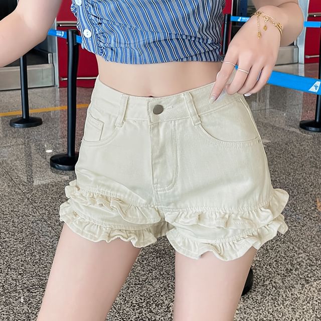 High Waist Ruffle Trim Washed Denim Shorts