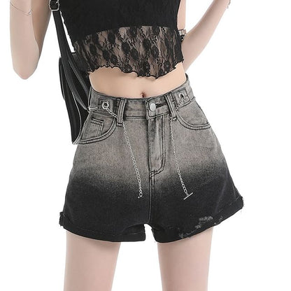 Mid Waist Gradient Fringed Roll Up Hem Washed Denim Shorts