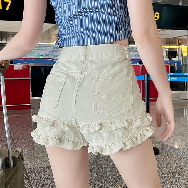 High Waist Ruffle Trim Washed Denim Shorts
