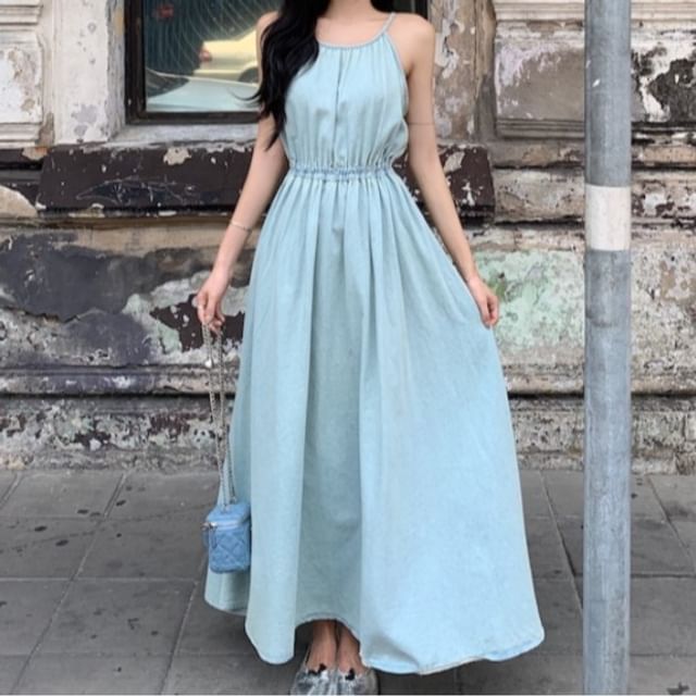 Spaghetti Strap Plain Open Back Maxi A-Line Dress