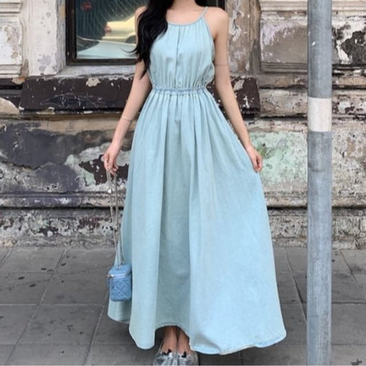 Spaghetti Strap Plain Open Back Maxi A-Line Dress