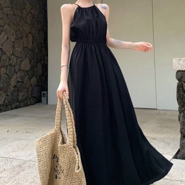 Spaghetti Strap Plain Open Back Maxi A-Line Dress