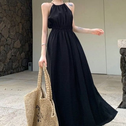 Spaghetti Strap Plain Open Back Maxi A-Line Dress