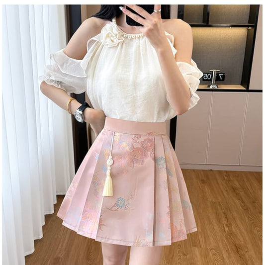 Cold Shoulder Beaded Ruffle Blouse & Pleated Skirt Set