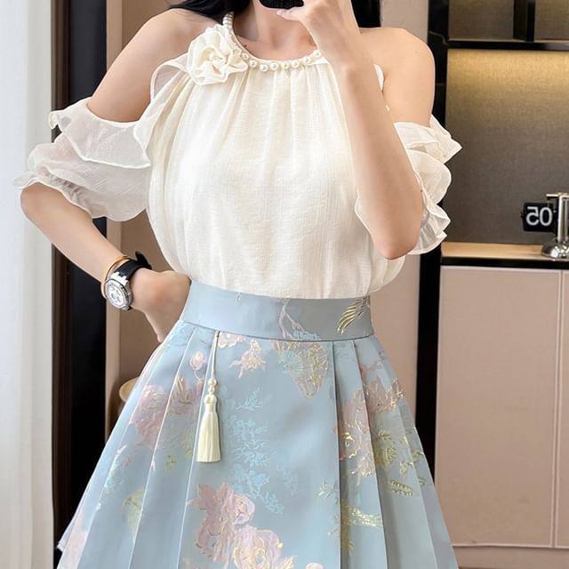 Cold Shoulder Beaded Ruffle Blouse & Pleated Skirt Set