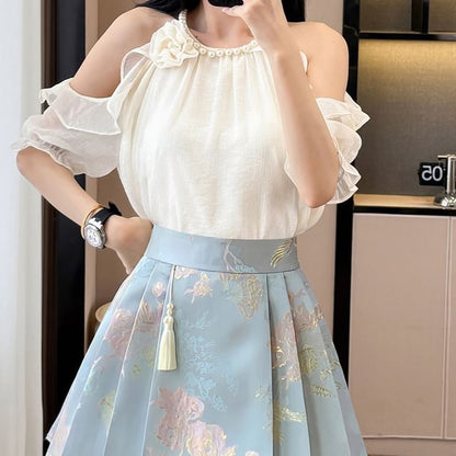 Cold Shoulder Beaded Ruffle Blouse & Pleated Skirt Set