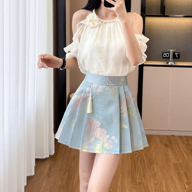 Cold Shoulder Beaded Ruffle Blouse & Pleated Skirt Set
