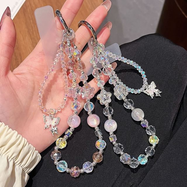 Lanyard Strap Wrist Butterfly with Faux Crystal Pad Beaded Phone