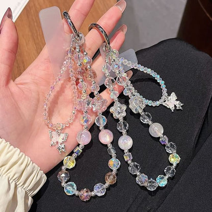 Lanyard Strap Wrist Butterfly with Faux Crystal Pad Beaded Phone