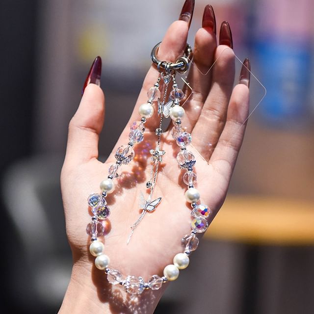 Strap Pearl Butterfly Wrist Faux Phone Pad with Lanyard