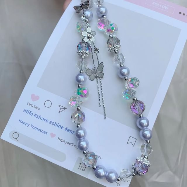 Strap Pearl Butterfly Wrist Faux Phone Pad with Lanyard