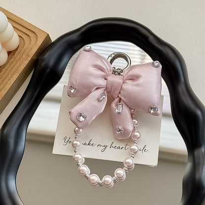 Charm Pearl with Faux Lanyard Bow Rhinestone Pad Phone