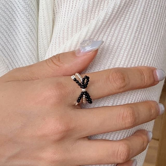 Silver Bow Beaded Ring Sterling 925 Elastic