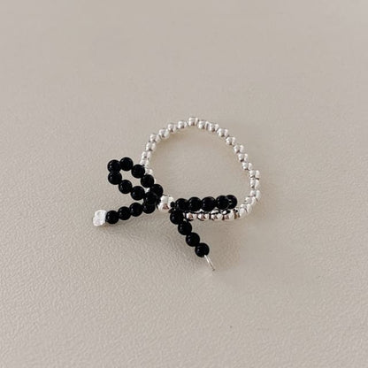 Silver Bow Beaded Ring Sterling 925 Elastic