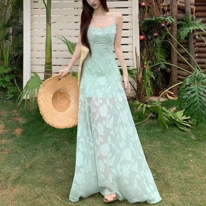 Spaghetti Strap Jacquard Maxi A-Line Dress