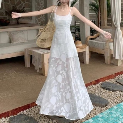 Spaghetti Strap Jacquard Maxi A-Line Dress