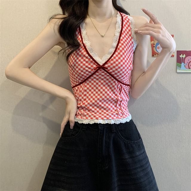 Sleeveless V-Neck Plaid Lace Trim Top