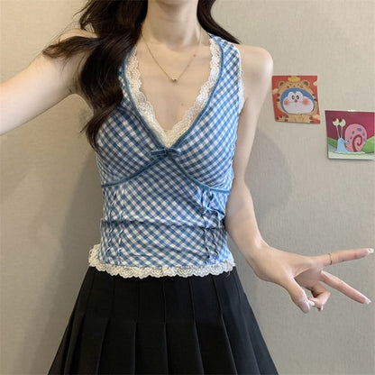 Sleeveless V-Neck Plaid Lace Trim Top