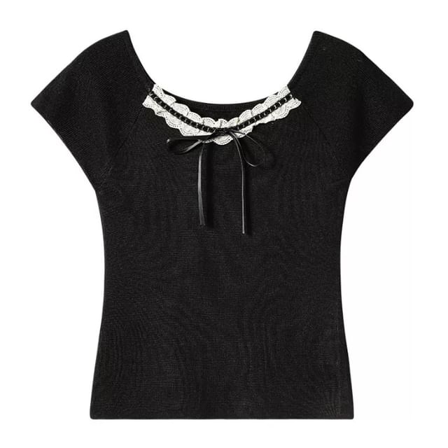 Short-Sleeve V-Neck Plain Lace Trim Tee