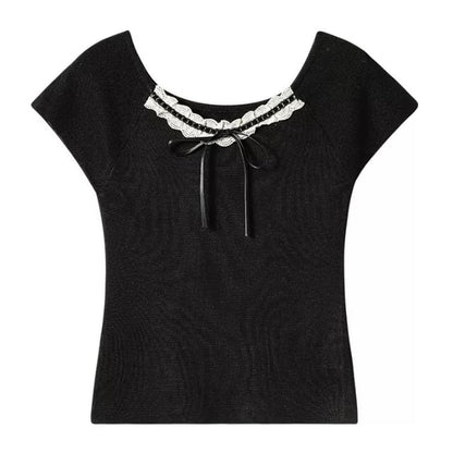 Short-Sleeve V-Neck Plain Lace Trim Tee