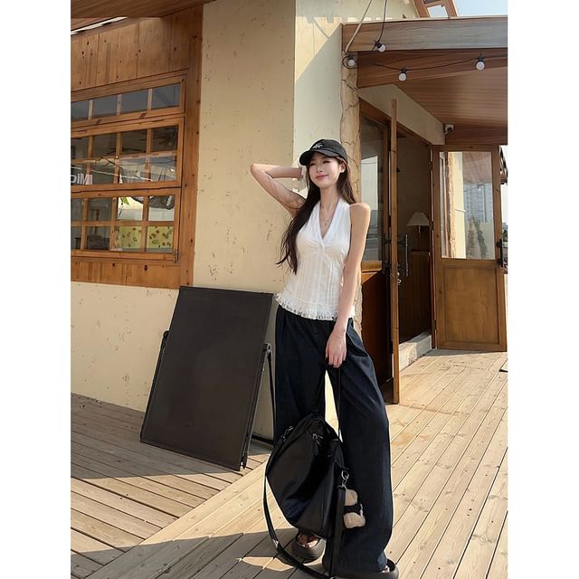 Halter V-Neck Lace Trim Button-Up Plain Open Back Crop Top / High Waist Wide Leg Jeans