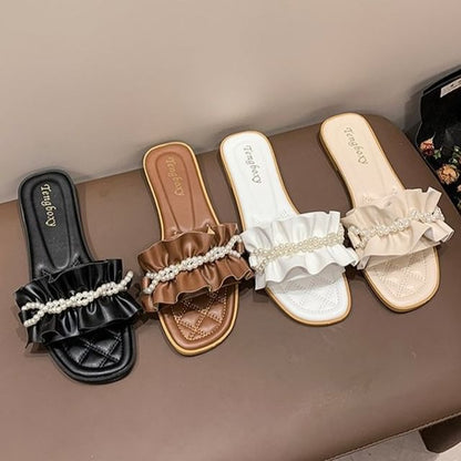 Faux Pearl Ruffle Slide Sandals