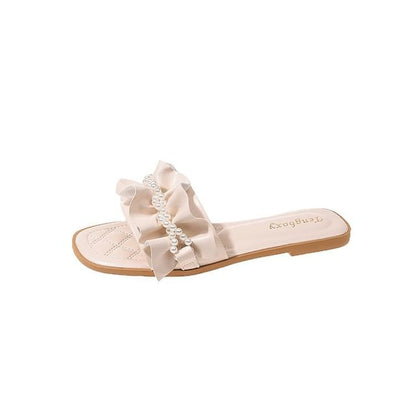 Faux Pearl Ruffle Slide Sandals