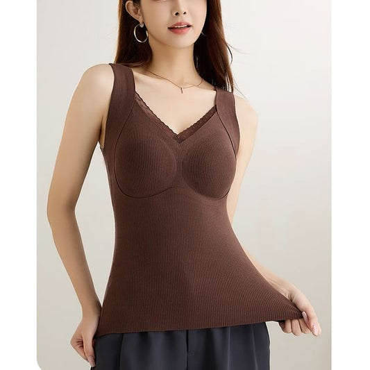 Padded Ribbed Tank Top with Lace Trim - Plain Slim Fit