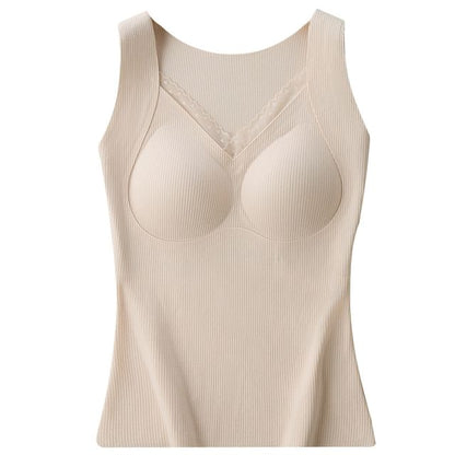 Padded Ribbed Tank Top with Lace Trim - Plain Slim Fit