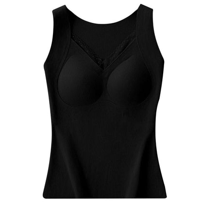 Padded Ribbed Tank Top with Lace Trim - Plain Slim Fit