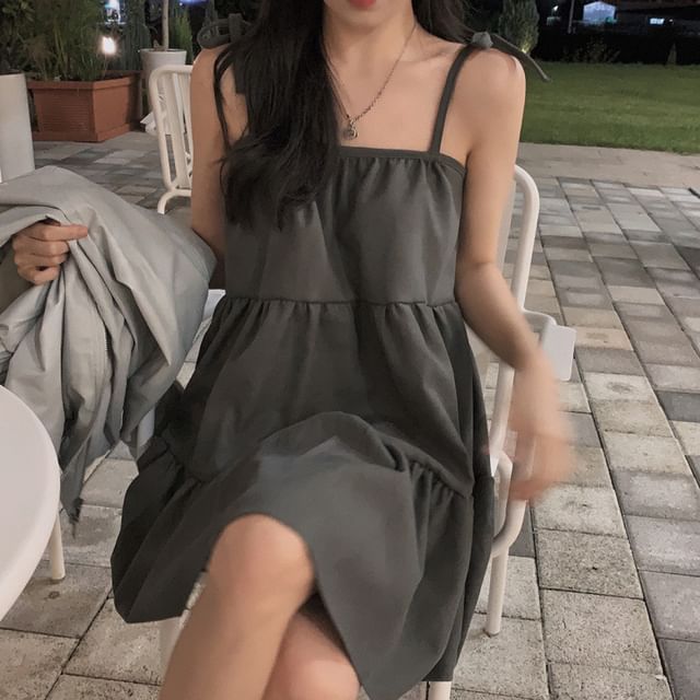 Tie Shoulder Plain Tiered Mini A-Line Dress