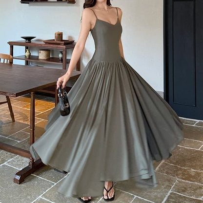 Spaghetti Strap V-Neck Plain Ruched Open Back Maxi A-Line Dress