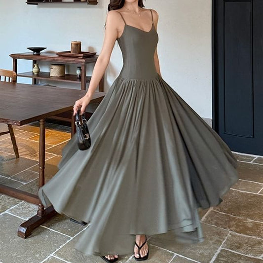 Spaghetti Strap V-Neck Plain Ruched Open Back Maxi A-Line Dress