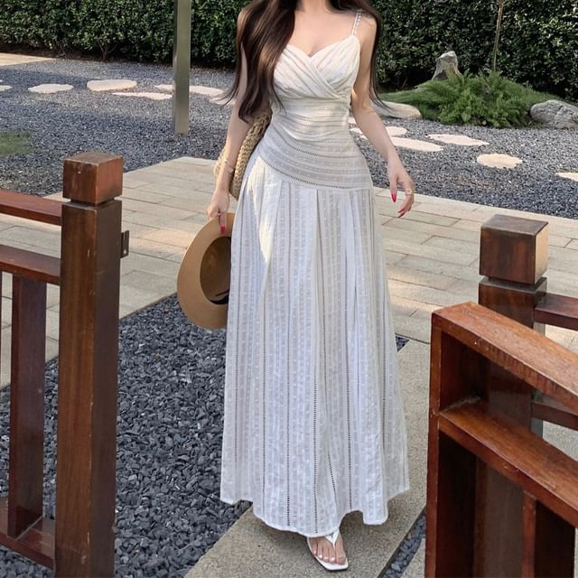 Spaghetti Strap V-Neck Striped Wrap Maxi A-Line Dress