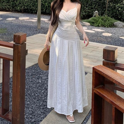 Spaghetti Strap V-Neck Striped Wrap Maxi A-Line Dress