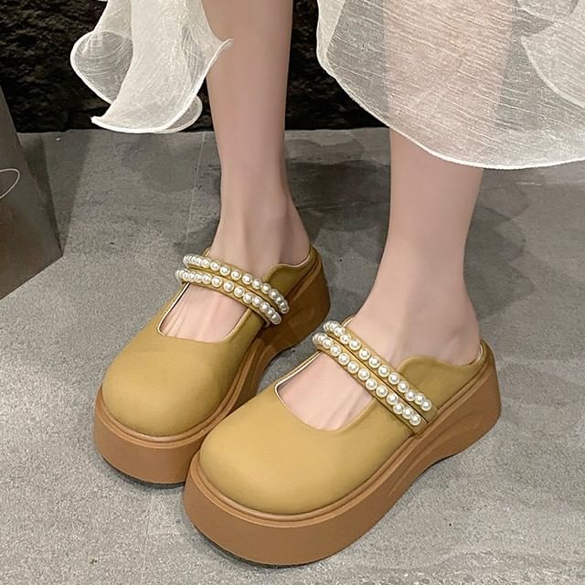 Platform Faux Pearl Accent Mary Jane Mules