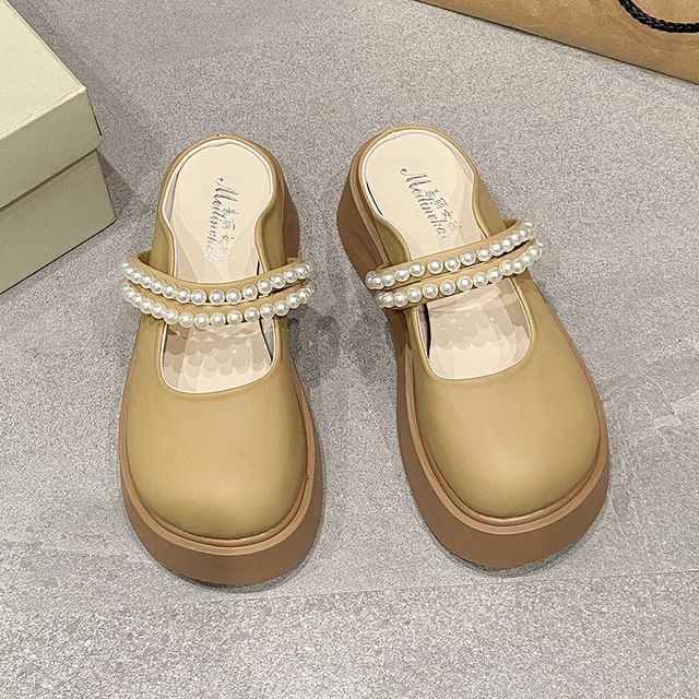 Platform Faux Pearl Accent Mary Jane Mules