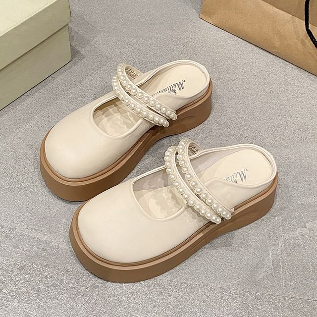 Platform Faux Pearl Accent Mary Jane Mules