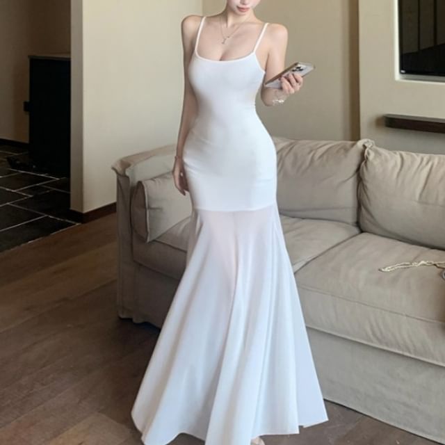Spaghetti Strap Scoop Neck Plain Mesh Panel Maxi Mermaid Dress