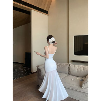 Spaghetti Strap Scoop Neck Plain Mesh Panel Maxi Mermaid Dress