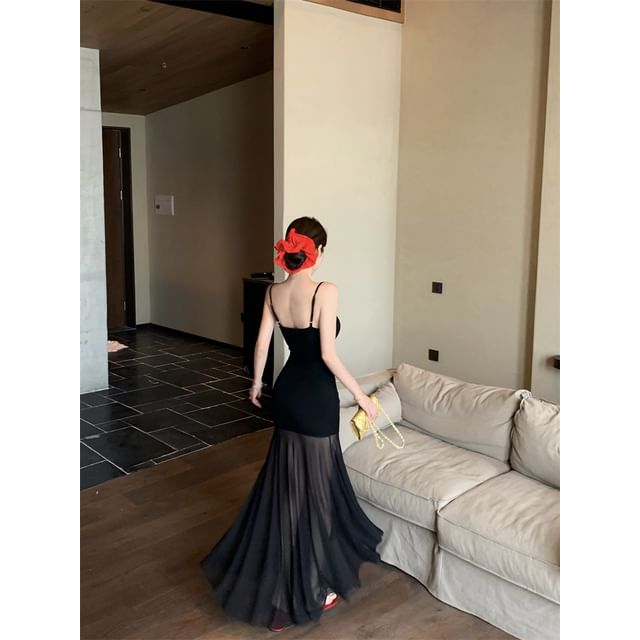 Spaghetti Strap Scoop Neck Plain Mesh Panel Maxi Mermaid Dress