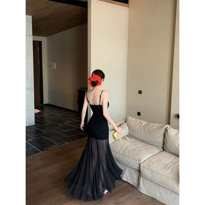 Spaghetti Strap Scoop Neck Plain Mesh Panel Maxi Mermaid Dress