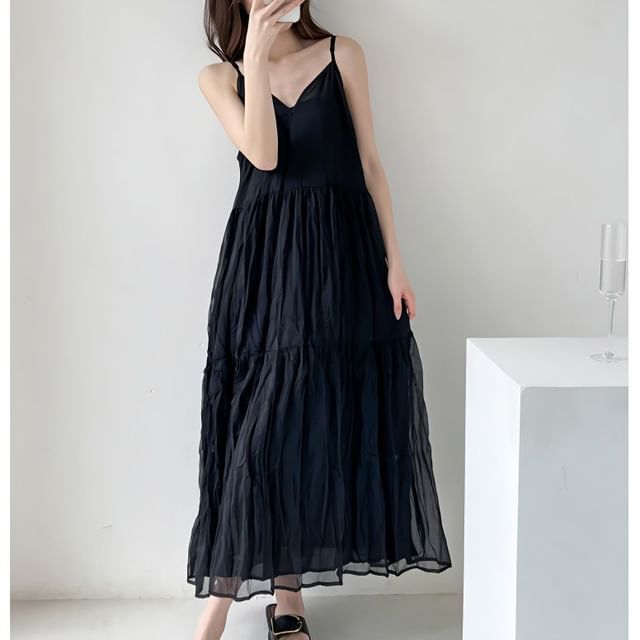 Spaghetti Strap V-Neck Plain Crinkle Panel Maxi A-Line Dress