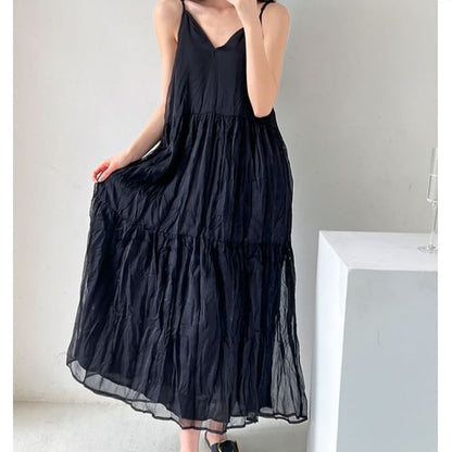 Spaghetti Strap V-Neck Plain Crinkle Panel Maxi A-Line Dress