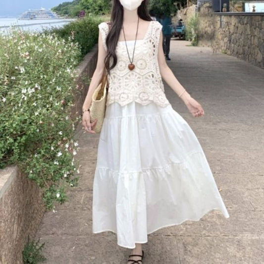 Spaghetti Strap Plain Midi A-Line Dress / Crochet Lace Tank Top / Set