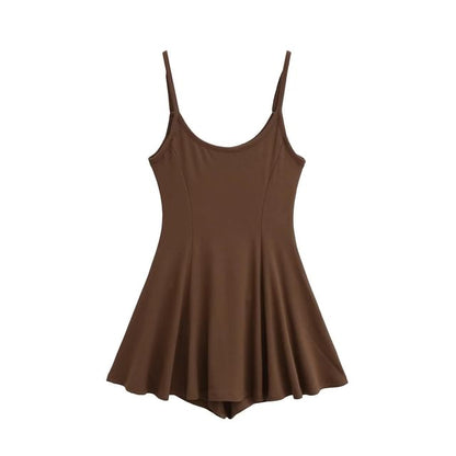 Set: Spaghetti Strap Scoop Neck Plain Mini A-Line Dress + Hot Pants
