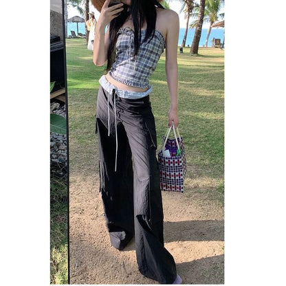 Mid Waist Two Tone Wide Leg Cargo Pants (Various Designs)