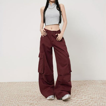 High Rise Plain Wide Leg Cargo Pants (Various Designs)