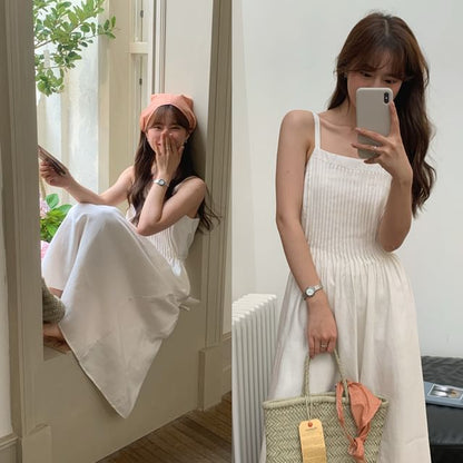 Spaghetti Strap Square Neck Plain Pleated Midi A-Line Dress