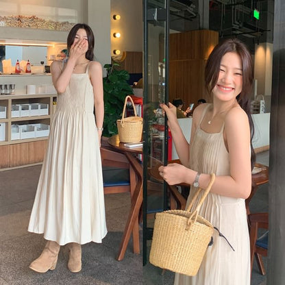 Spaghetti Strap Square Neck Plain Pleated Midi A-Line Dress